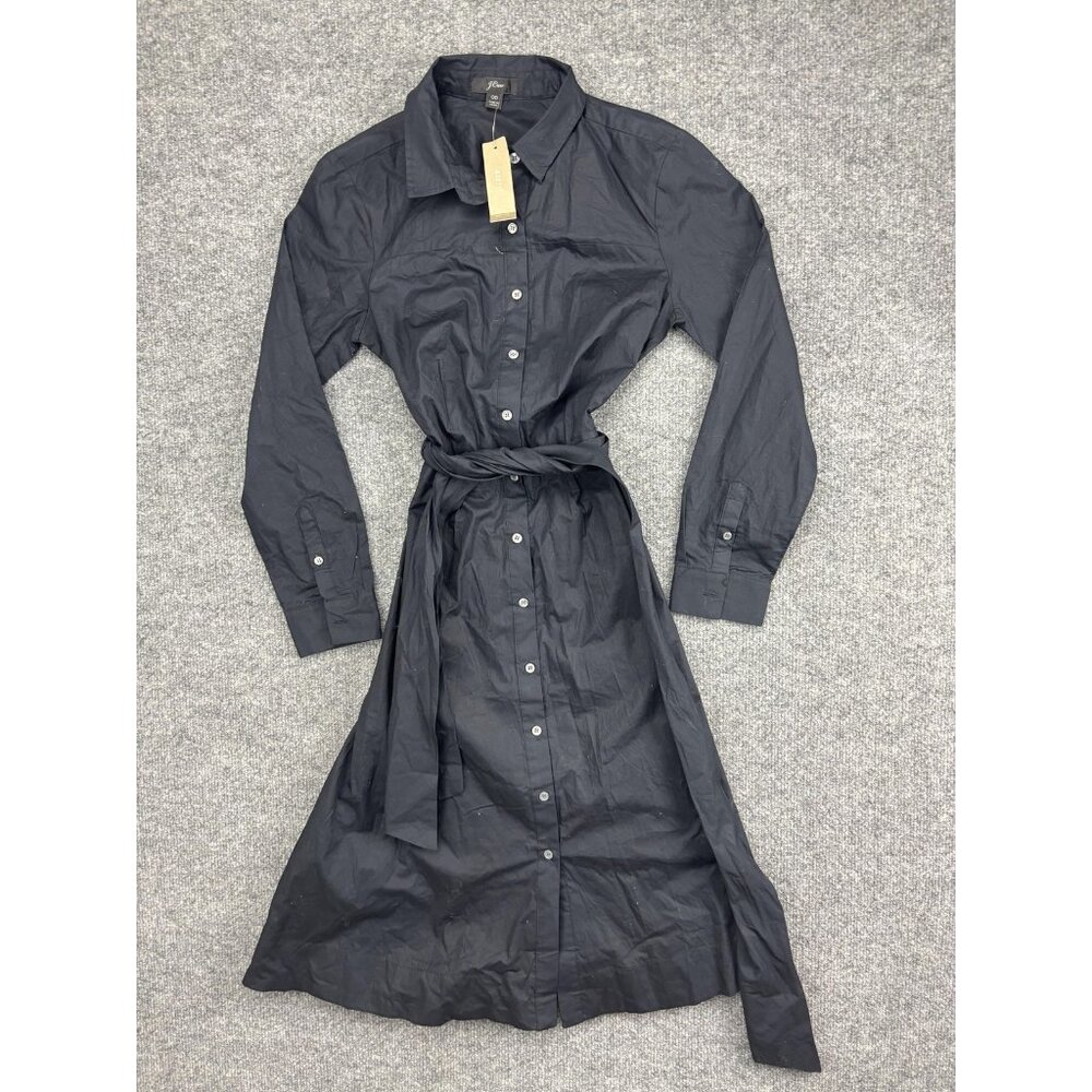 J.Crew Shirt Dress Womens 00 Black Belted Button Front Long Sleeve Midi Collared